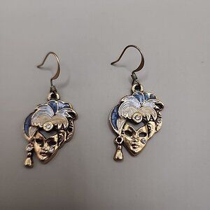 VINTAGE OPERA CARNIVAL MASK ENAMELED Pair Of Earrings Goldtone